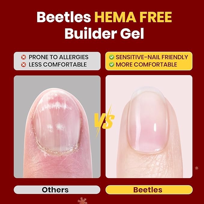 Beetles HEMA Free Builder Nail Gel Kit-Enchanted Night Thickening Strengthening Building Apex for Sensitive Nails Beginner DIY Salon at Home White Red Builder Gels with Base&Top Coat UV & LED Cured