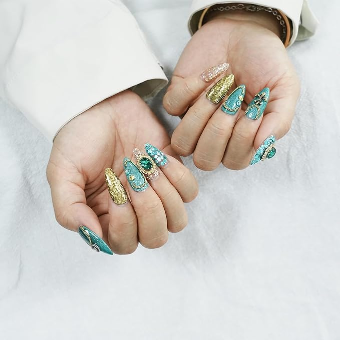 Luxury Vintage Press on Nails Medium Almond, Handmade 3D Gemstone & Glitter Design Green Gold Acrylic Nails, Reusable False Nails (Exotic Flair,L)