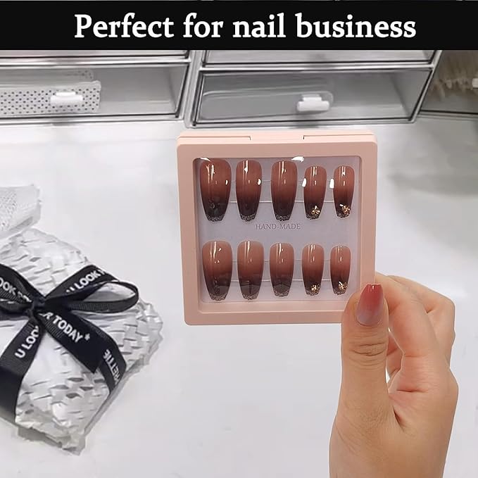 Press On Nail Packaging Boxes - 3D Floating Storage and Display Box With 60pcs Double Sided Adhesive Tape for Nail Tech (Pink, 3.5 Inch)