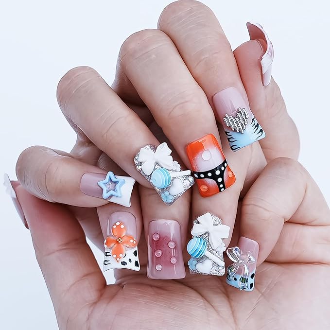 Duck Handmade Press on Nails 3D Bow Candy Heart Nails Charms Design - Flower French Tip Short False Nails Multicolor Thick Acrylic Artificial Stick On Nails (Sweet Dream Candy Pops,M)