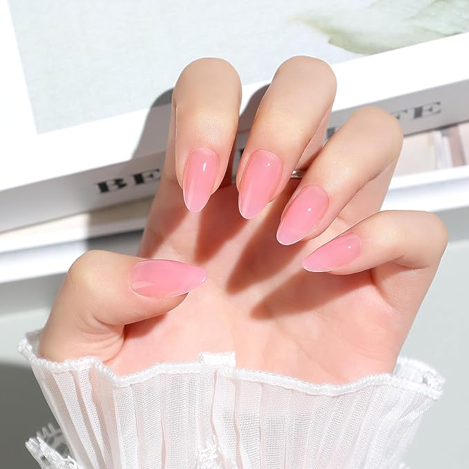 Luxbon Short Almond False Press On Nails with No-Cure Nail Glue and Tool Kit – Acrylic Soft Gel Tips 25-30pcs Full Size Set, Reusable Fake Nails for Women, Salon Look at Home, Royal Rose