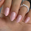 Curvlife Press On Nails Medium Almond Pink - Milky Pink Press on Nails with Glue, Glossy Nude Pink Solid Color Fake Nails Long Lasting False Nail Tips for Women Girls