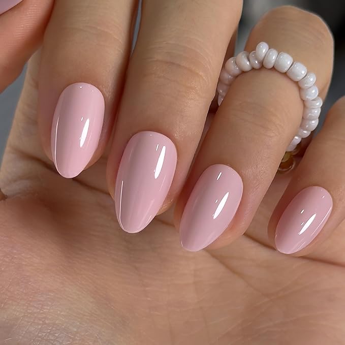 Curvlife Press On Nails Medium Almond Pink - Milky Pink Press on Nails with Glue, Glossy Nude Pink Solid Color Fake Nails Long Lasting False Nail Tips for Women Girls