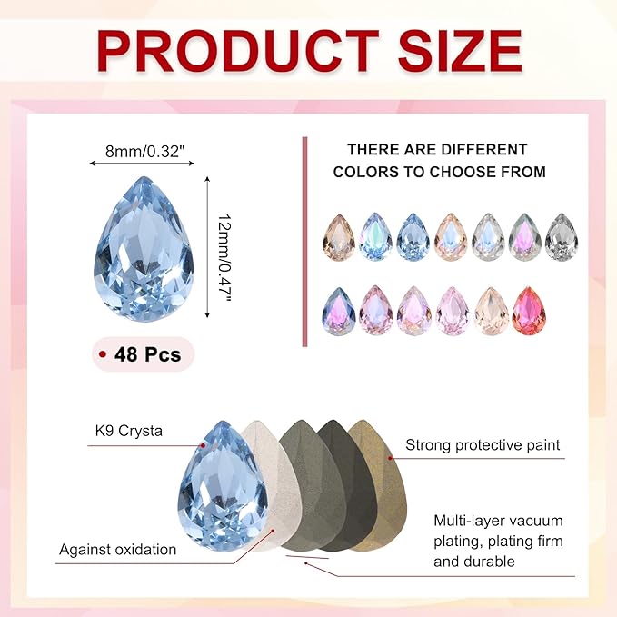 MECCANIXITY 48 Pcs 3D Teardrop Rhinestones Diamond Nail Charm Crystal Pointback K9 Glass Rhinestones Crystal Gems for Jewelry Making, Craft, 8x12mm, Light Blue