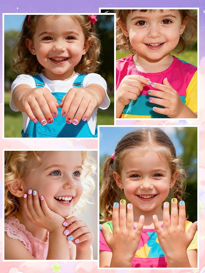 EBANKU 12 Pack Kid Fake Nail, 288 Pieces Kids Short Glossy Press on Nails Cute Patterns Mini Full Cover Fake Nails for Girls with Nail Glue and Nail Tab