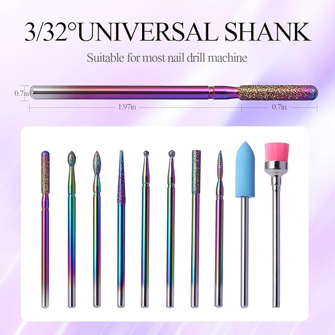 Rainbow Diamond Cuticle Bit Set for Nail Drill - 10Pcs 3/32" Nail Prep Bits with Flame Ball Needle Bit, Safety Silicone Buffer & Cleaning Brush for Beginner
