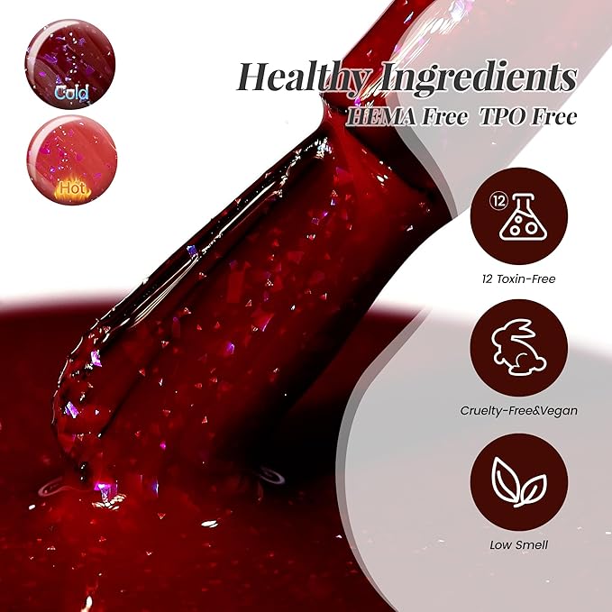 YTD Likomey Color Changing Gel Nail Polish 2 Pcs Set,15ml Red to Burgundy Red Pure Color and Brocade Glitter Kit,Thermal Ombre Change Colors Salon Manicure UV Nail Varnish,WB2-2