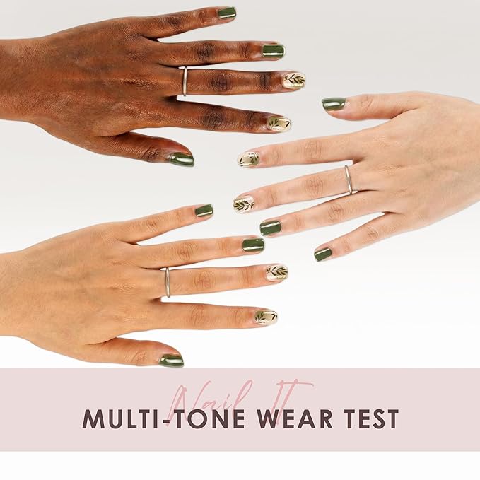 Semi Cured Gel Nail Strips – Real Gel Nails Polish Wraps for Brittle Nails | Waterproof Long Lasting Easy Peel-Off Removal | Hema-Free | 20-Piece Green Floral Salon Kit with File & Stick