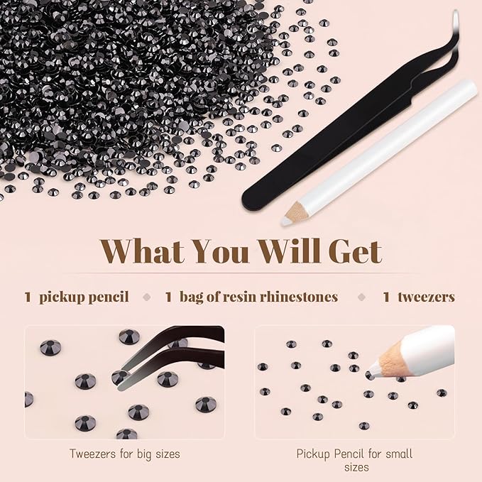 8000PCS 3mm Resin Black Rhinestones Bulk for Crafting, Flatback Bedazzling Crystals for Crafts DIY Nail Decoration, Gems for Tumbler Shoes Clothing Fabric with Pickup Pen and Tweezers