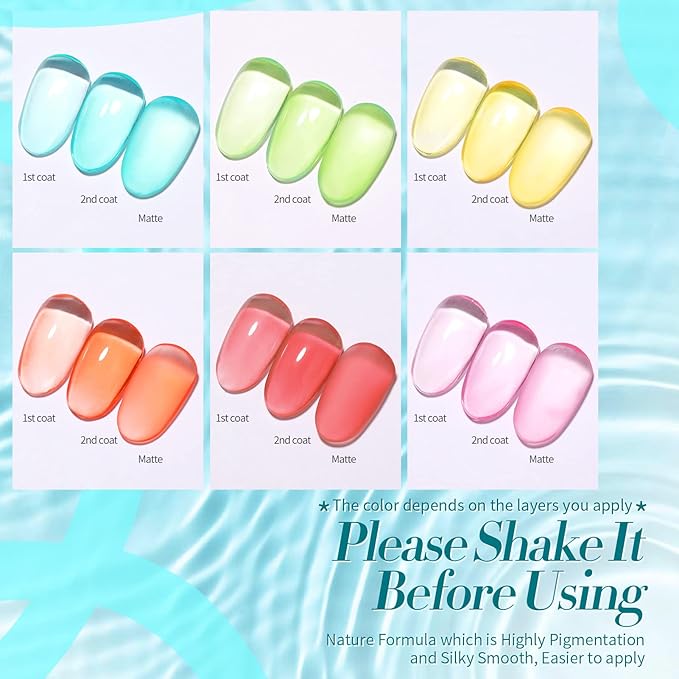 Born Pretty Pastel Jelly Gel Nail Polish Set Spring Summer Easter Gel Polish Crystal Glass Translucent Blue Green Yellow Pink Red Soak Off U v Gel Polish 7ML 6PCS