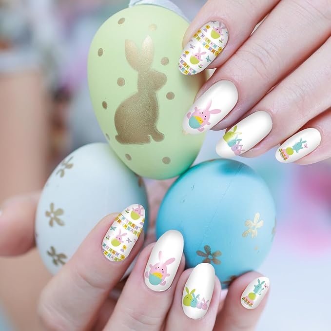 winthrop 12 Sheets Easter Nail Wraps Stickers Full Nail Polish Strips, DIY Self-Adhesive Nail Art Decals Cute Easter Eggs Bunny Rabbit Pattern Party Decor with 2 Pcs Nail Files (168 Pieces)