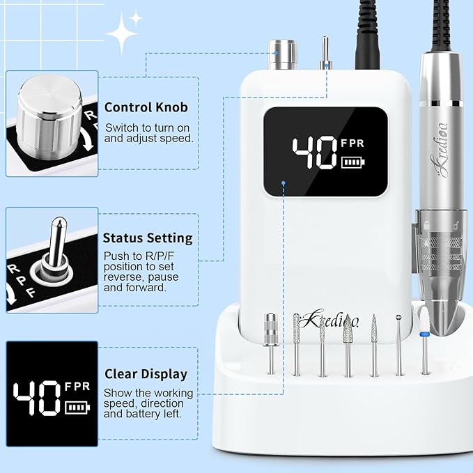 Kredioo Professional Nail Drill Brushless 40,000RPM Rechargeable 2-in-1 Portable Electric Nail File Ultra Silent Salon Must Haves Nail Tool Kit Removing Acylic Gels