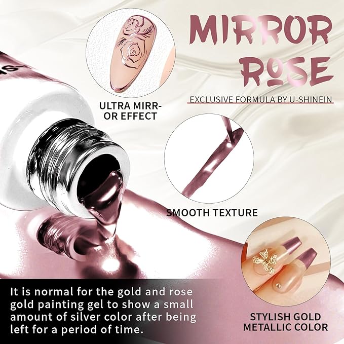 12ml Metallic Painting Gel Liner Nail Art 3D Mirror Chrome Effect Metal Painted Drawing Build in Thin Brush Soak Off UV/LED Rose Gold Striper Gel for Salon DIY Manicure