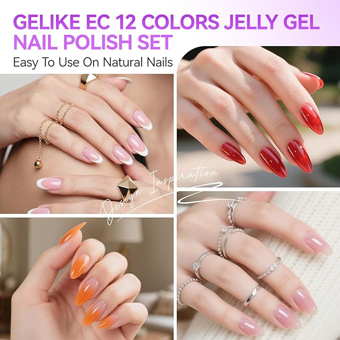 Gelike EC Jelly Color Gel polish: 12 Nail Gel Colors Set with Hema Free Formula Easy to Use On Natural or Acrylic Nails for Teens and Young Women Manicure DIY Home - Valentine & New Year Gift