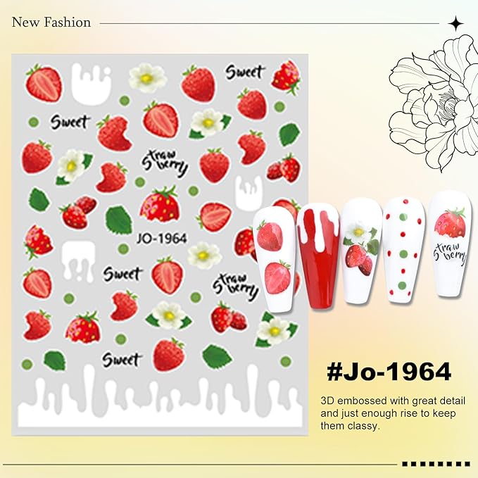 6 Sheet Fruit Nail Sticker for Nails Art 3D Embossed Self-Adhesive Cute Peach, Cherry, Lemon, Watermelon, Strawberry, Avocado Nail Decal Design Supplies for Women DIY Manicure Art Decoration YX1243