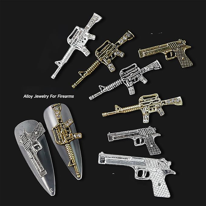 30PCS Gun Nail Charms for Acrylic Nails,Gold Silver Alloy Nail Art Decoration, Nail Stones Nail Jewels Accessories for Nail Art Supplies Manicure Craft DIY