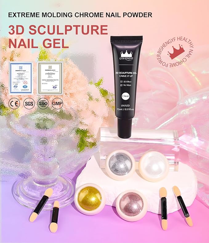 Chrome Nail Powder and 3D Nail Gel Kit BISHENGYF: 15g No Wipe 3D Sculpting Gel Aurora White Pearl Silver Gold Chrome Nail Powder with Clear 3D Carving Nail Molding Glue Set for Nail Art Decoration