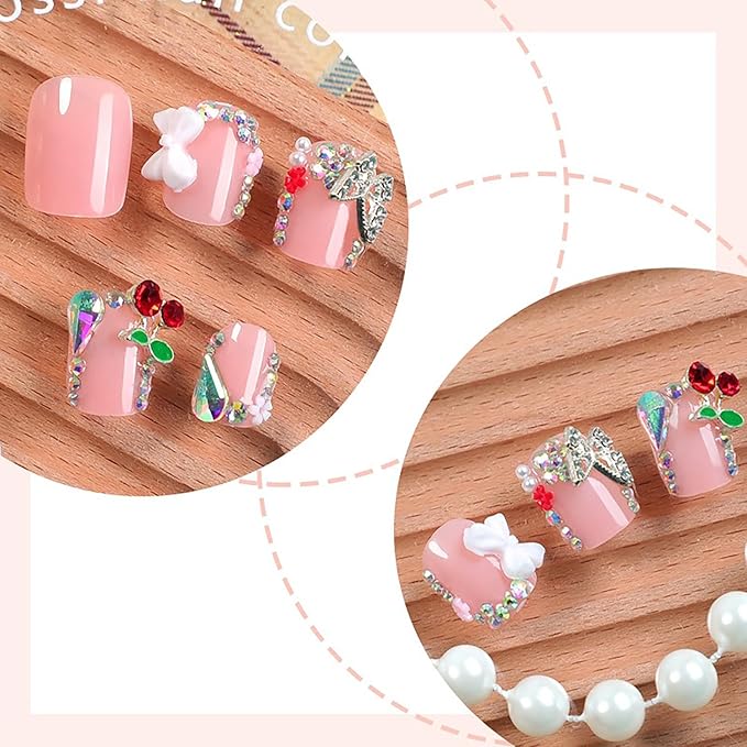 Nude Pink Press on Nails Short Square MABKJLF French Tip Fake Nails False Nails with Designs Bow Cherry Butterfly Flower Charm Rhinestones Glossy Glue on Nails Acrylic Nails for Women Girls 24 Pcs