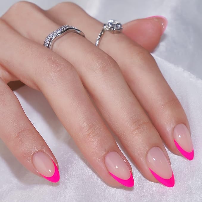 French Tip Press On Nails Almond - BTArtbox Hot Pink Short Stick On Nails for Women, Glue On Nails with Nail Glue in 16 Sizes - 32 Soft Gel Fake Nails Kit, Berry French