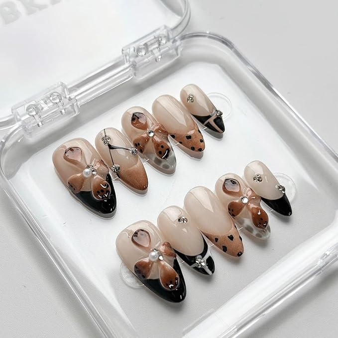 Luxury Press on Nails Short Almond Handmade 3D Unique Reusable ABS Material Fake Nails French Tip False Nails with Designs Polka Dots Flower Rhinestones Brown Glossy Glue on Nail Thick Acrylic Nail(S)