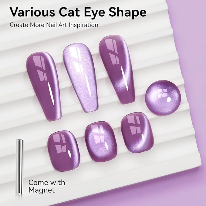 Purple Cat Eye Gel Nail Polish, Magnetic Nail Polish Mirror Glass Smoothie Cateye UV Gel Polish Holographic for Nails Art Manicure DIY at Home
