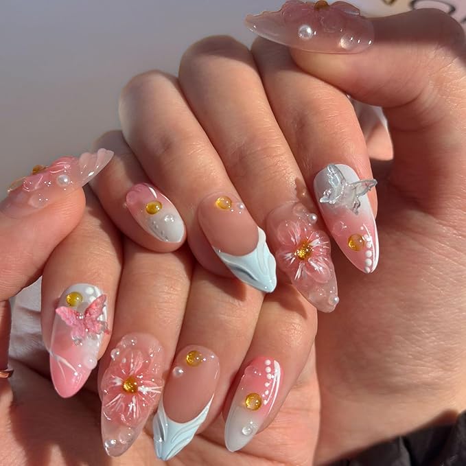 Blue French Press on Nails Handmade Medium Almond Nails with Glue,Nude Fake Nails with 5D Flower Art ＆ Butterfly Charm Design Muti-Layer Gel Handmade Nail Nature False Nails for Wome (Size M)