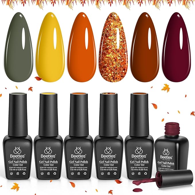 Beetles Gel Nail Polish Set 6Pcs Brown Green Yellow Burgundy Orange Glitter Gel Polish Nails Art Soak off Uv LED Manicure Gift Set Golden Season Collection 2025 Nail Trend Gift for Women