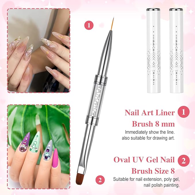 2PCS Double Ended Nail Builder Gel Brush French Tip Brush Hard Gel Brushes Nail Liner Brush Rhinestone Handle Nails Art Brushes for Nails Design Professional NailArt