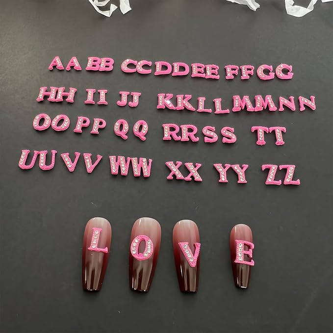 52 Pcs 3D Pink Nail Charms Letters Initial Charms for Nails Nail Letter Charms Alphabet Rhinestone Nail Charms for Nail Art Design Decoration DIY Craft