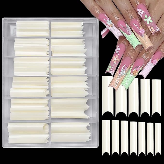 LoveOurHome 240pc Extra Long C Curve Nail Tips Natural Fake Nails, XL C Curve Acrylic Nail Tips Half Cover Curved Square False Nails, Extra Long Artificial Fingernail 12 Size for Nail Extension