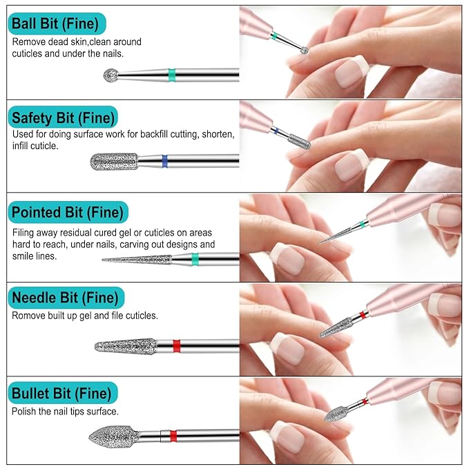 25Pcs Nail Drill Bits Set with Storage Box, 3/32 Inch Tungsten Ceramic Diamond Carbide Nail Drill Bits for Acrylic Gel Polish, Cuticle Efile Remover for Manicure Pedicure