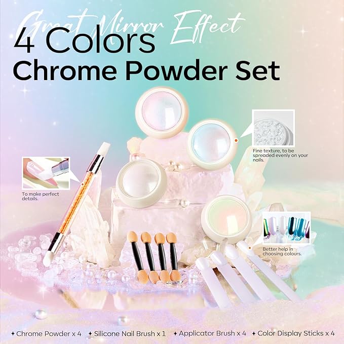 modelones Chrome Nail Powder Pearl Chrome Powder for Nail Magic White Glazed Chrome Nail Powder Mirror Effect Holographic Aurora Iridescent Pearlescent Manicure for 3D Sculpting Nail Art 4 Colors