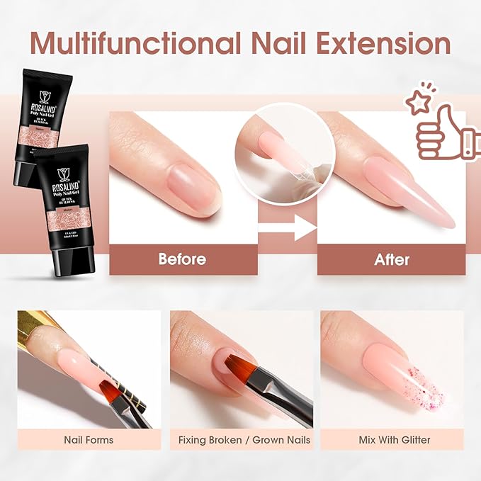 ROSALIND Pink Christmas Poly Nail Gel, 60ml Extension Gels for Nail Art, Natural Color Builder Pink Gel Poly Extension Easy to DIY Use at Home Need UV Lamp