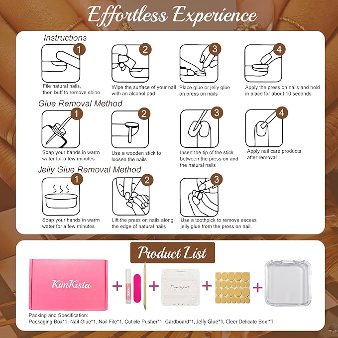 Handmade Acrylic Press On Nails Almond, Brown Press On Nails Medium, Flower 3D Nails French Tip Amber Gold Chrome For Women Gift, Reusable Stick On Fake Nails Kit With Nail Glue(Amber Bloom-M)
