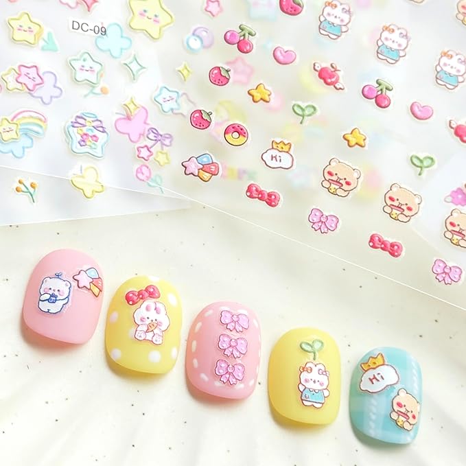 4 Sheets of 3D Nail Stickers - 289 Cute Nail Decals - Embossed Nail Stickers for Kids | Kawaii Theme - Butterfly, Flowers, Stars, Fruits, Bunny, Bears | Glow in The Dark