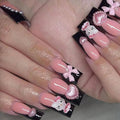 Cute Press on Nails Medium Long Black French Fake Nails Square Pink Glossy 3D Heart False Nail Tips Artificial Nails Finger Manicure for Women 24pcs