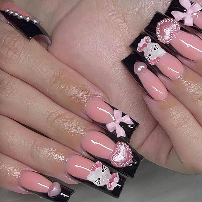 Cute Press on Nails Medium Long Black French Fake Nails Square Pink Glossy 3D Heart False Nail Tips Artificial Nails Finger Manicure for Women 24pcs