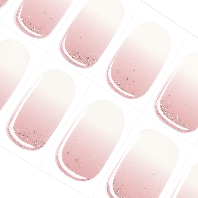 DANNI & TONI Semi Cured Gel Nail Strips Translucent (Mystery Veil) Pink Ombre Nail Stickers Glitter Gel Nail Wraps 28 Stickers