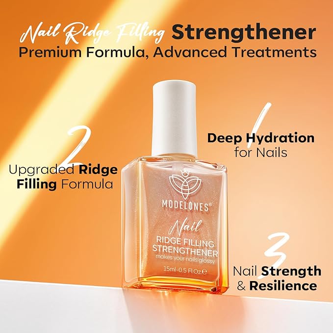 modelones Nail Strengthener 8-in-One Nail Repair for Damaged Nails Strengthener and Growth Nail Ridge Filler Glitter Nude Nail Polish 15ml