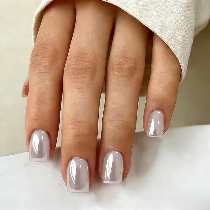 Chrome Milky White Press on Nails Short Square, Glazed Short Fake Nails with Sparkle Mirror Design, Shiny Glitter Glue on Nails with Glue, Cute Gel Nail Press ons for Fingernail 30 Pcs