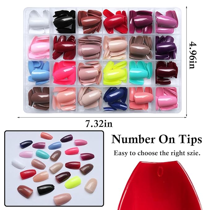 LoveOurHome 576pc Coffin Press on Nails Short Fake Nails Full Cover Colored Artificial Fingernails Ballerina False Acrylic Nail Tips 24 Glossy Colors Press on Nails for Women Girls