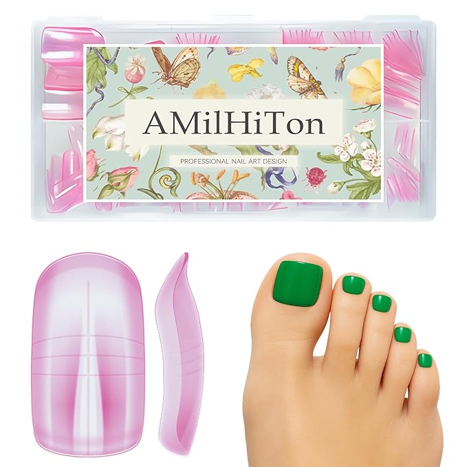 Pink Poly Gel Nail Kit For Toes, Reusable Full Cover Wide French Press on Toenails for Women Extensions Home DIY Nail Salon 300PCS 15Sizes