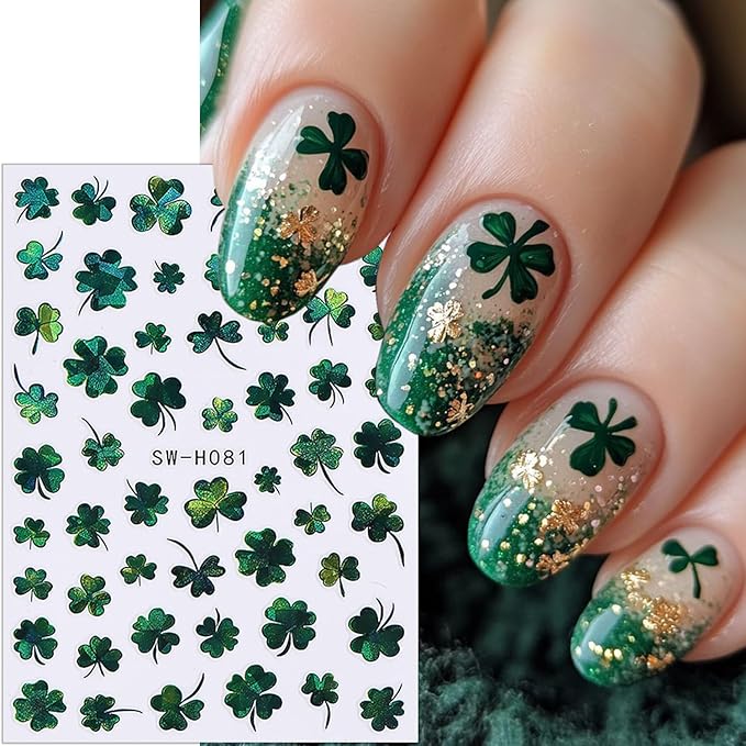 6 Sheets St Patricks Day Nail Stickers Green Laser Irish Shamrocks Nail Art Stickers Hat Horseshoe St. Patrick's Day Nail Decals 3D Self-Adhesive Lucky Clover Nail Decorations for Women Nail Designs