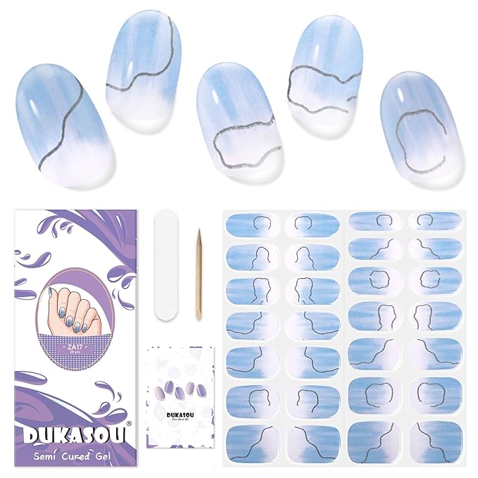 Semi Cured Gel Nail Strips, 28 pcs Gel Nail Stickers Work with Any UV Lights, Long-Lasting Nail Wraps, Stick on Nails for women Easy to Apply & Remove