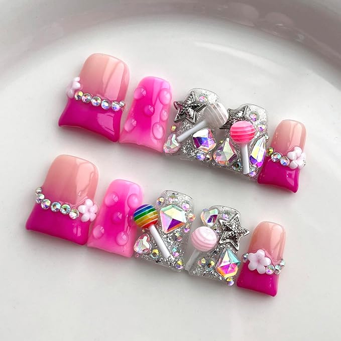 French Tip Press on Nails Handmade Short Duck 3D Thick Acrylic Nails Cute False Nails with Lollipop Stars Flower Designs Pink Glossy Fake Nail Sturdy Art Press on Nail 10Pcs(M)