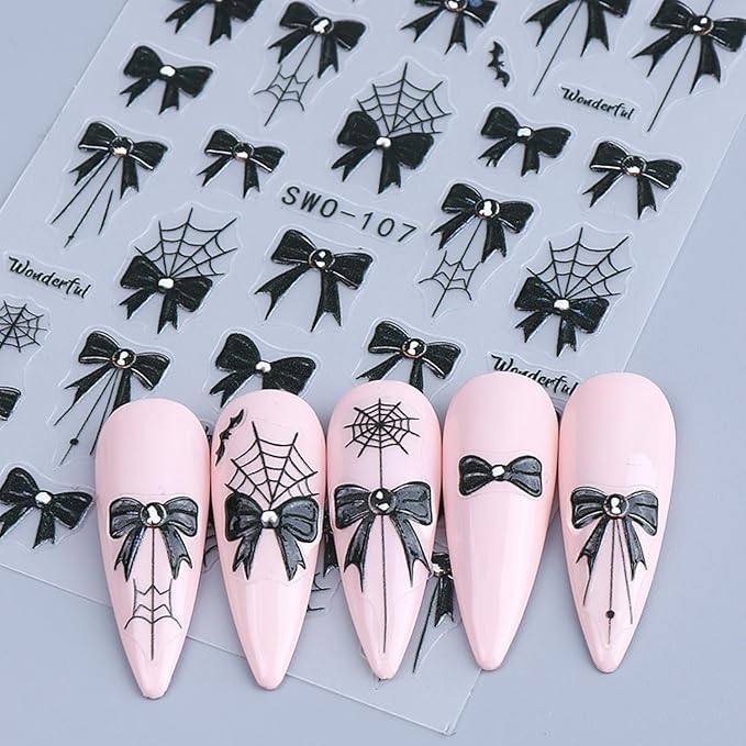 Red Black Halloween Nail Art Stickers Decal 5D Embossed Flower Spider Web Nail Stickers with Rhinestones Bow Blood Drop Nail Decals Self-Adhesive Spider Nail Art Decal for Women Halloween Decor