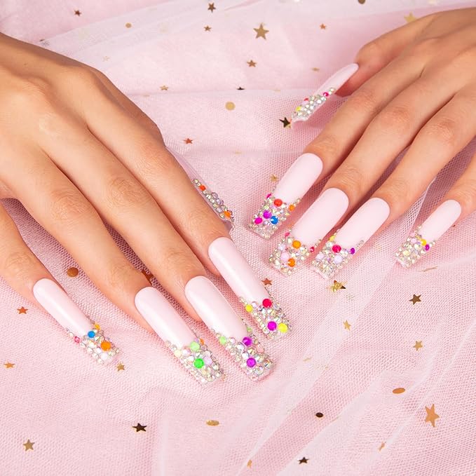 LOVFUL Press on Nails Jelly Beans | Handmade with Full Covered Crystals | Reusable Fake Nails | Square Mid length 1.7in | H125-L