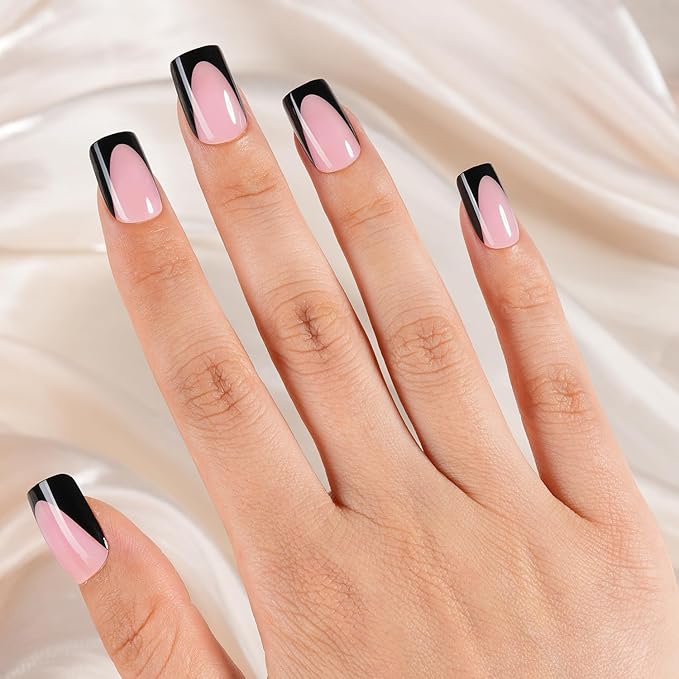 Vansiho Pink Deep French Gel Nail Tips, 150Pcs Short Square Soft Gel Nail Tips Black, French Tips Press on Nails, Fake Nails for Nail Art DIY 15 Sizes