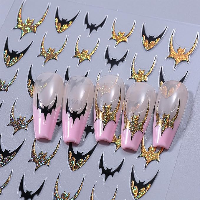 Halloween Bat Nail Stickers, Glitter Golden & Silver French Smile Bat Self-Adhesive Nail Art Decals for DIY Manicure (4 Sheets)