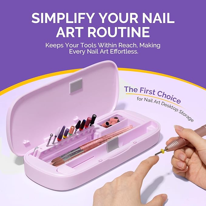 MelodySusie Acrylic Nail Tool Storage Box, Portable Dustproof Stand Displayer Holder Organizer Container Manicure Efile Accessories Nail Drill Kit Case, Travel Salon Home, Purple(Only Box)